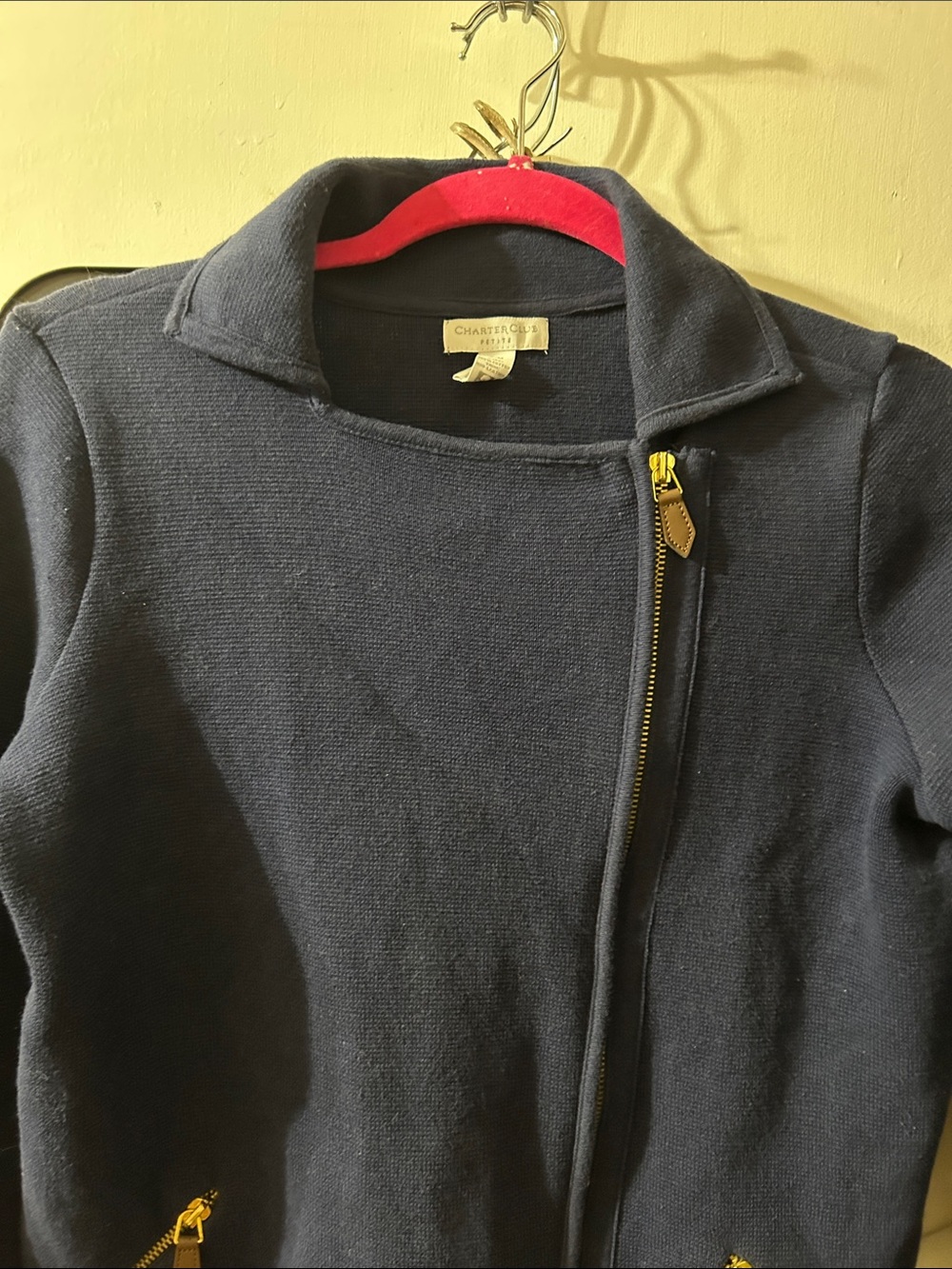 Charter Club Navy Asymmetrical Zip Knit Jacket with Gold Hardware